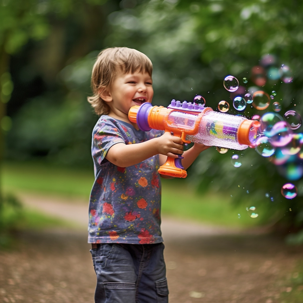 Kid play bubble blast gun